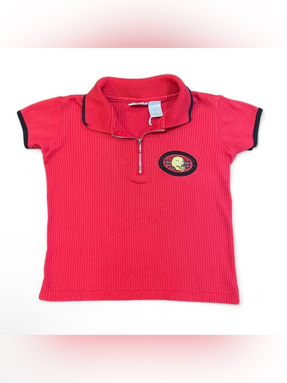 Vintage 90s Looney Tunes Tweety Bird Girl’s Red Ribbed Quarter Zip Polo Top Sz 7
